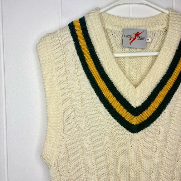 Gray Nicolls Vintage 80's Cricket Cream Green V-Neck Knit Sleeveless Jumper Vest - Picture 2 of 7